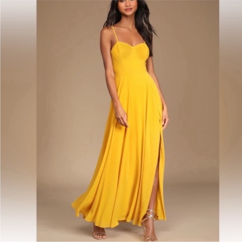 Lulus Golden Yellow Mustard Pleated Bustier Maxi Dress Gown